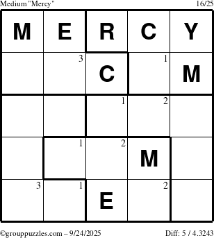 The grouppuzzles.com Medium Mercy puzzle for Wednesday September 24, 2025 with the first 3 steps marked