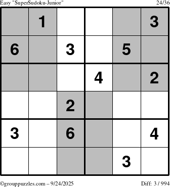 The grouppuzzles.com Easy SuperSudoku-Junior puzzle for Wednesday September 24, 2025