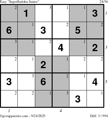The grouppuzzles.com Easy SuperSudoku-Junior puzzle for Wednesday September 24, 2025 with all 3 steps marked