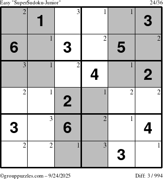 The grouppuzzles.com Easy SuperSudoku-Junior puzzle for Wednesday September 24, 2025 with the first 3 steps marked