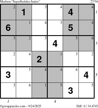The grouppuzzles.com Medium SuperSudoku-Junior puzzle for Wednesday September 24, 2025 with all 6 steps marked