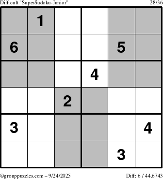 The grouppuzzles.com Difficult SuperSudoku-Junior puzzle for Wednesday September 24, 2025