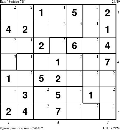 The grouppuzzles.com Easy Sudoku-7B puzzle for Wednesday September 24, 2025 with all 3 steps marked