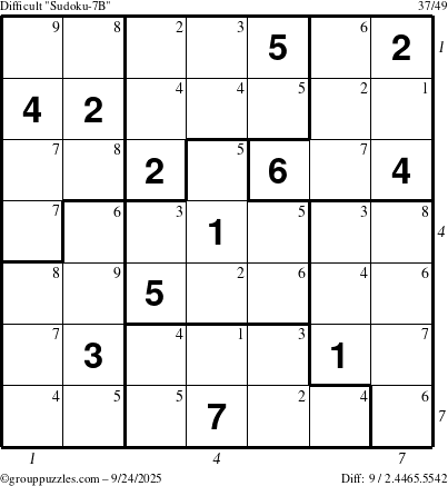 The grouppuzzles.com Difficult Sudoku-7B puzzle for Wednesday September 24, 2025 with all 9 steps marked