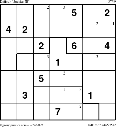 The grouppuzzles.com Difficult Sudoku-7B puzzle for Wednesday September 24, 2025 with the first 3 steps marked