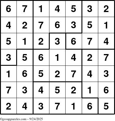The grouppuzzles.com Answer grid for the Sudoku-7B puzzle for Wednesday September 24, 2025