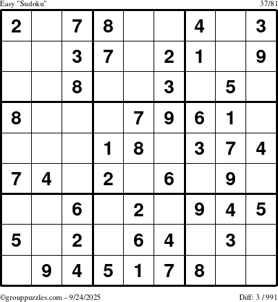 The grouppuzzles.com Easy Sudoku puzzle for Wednesday September 24, 2025