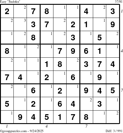 The grouppuzzles.com Easy Sudoku puzzle for Wednesday September 24, 2025, suitable for printing, with all 3 steps marked