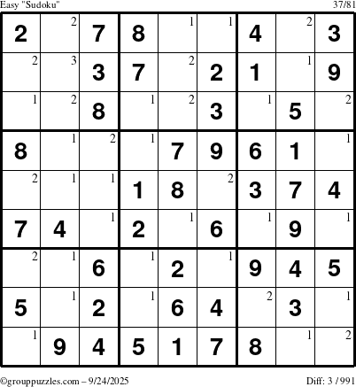 The grouppuzzles.com Easy Sudoku puzzle for Wednesday September 24, 2025 with the first 3 steps marked