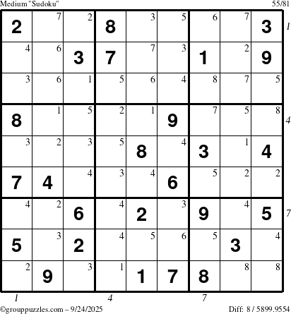 The grouppuzzles.com Medium Sudoku puzzle for Wednesday September 24, 2025 with all 8 steps marked