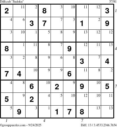The grouppuzzles.com Difficult Sudoku puzzle for Wednesday September 24, 2025 with all 13 steps marked