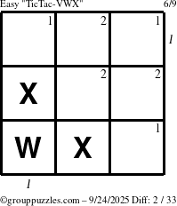 The grouppuzzles.com Easy TicTac-VWX puzzle for Wednesday September 24, 2025 with all 2 steps marked