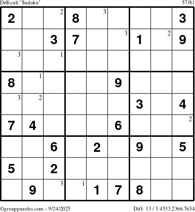 The grouppuzzles.com Difficult Sudoku puzzle for Wednesday September 24, 2025 with the first 3 steps marked