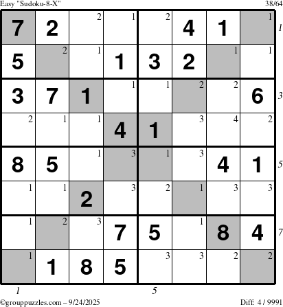 The grouppuzzles.com Easy Sudoku-8-X puzzle for Wednesday September 24, 2025 with all 4 steps marked