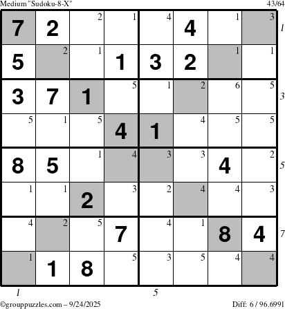 The grouppuzzles.com Medium Sudoku-8-X puzzle for Wednesday September 24, 2025, suitable for printing, with all 6 steps marked