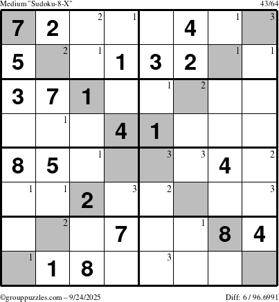 The grouppuzzles.com Medium Sudoku-8-X puzzle for Wednesday September 24, 2025 with the first 3 steps marked