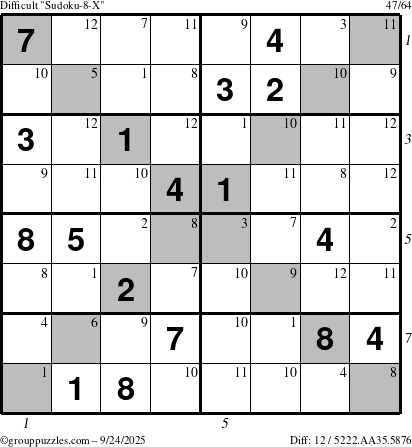 The grouppuzzles.com Difficult Sudoku-8-X puzzle for Wednesday September 24, 2025 with all 12 steps marked