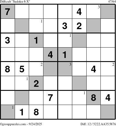 The grouppuzzles.com Difficult Sudoku-8-X puzzle for Wednesday September 24, 2025 with the first 3 steps marked
