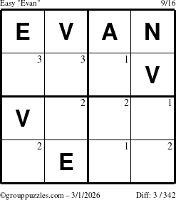 The grouppuzzles.com Easy Evan puzzle for Sunday March 1, 2026 with the first 3 steps marked