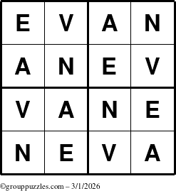 The grouppuzzles.com Answer grid for the Evan puzzle for Sunday March 1, 2026