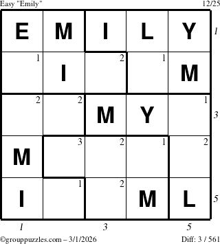The grouppuzzles.com Easy Emily puzzle for Sunday March 1, 2026 with all 3 steps marked