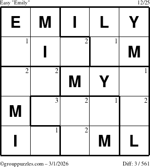 The grouppuzzles.com Easy Emily puzzle for Sunday March 1, 2026 with the first 3 steps marked