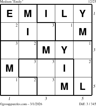 The grouppuzzles.com Medium Emily puzzle for Sunday March 1, 2026 with all 3 steps marked