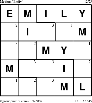 The grouppuzzles.com Medium Emily puzzle for Sunday March 1, 2026 with the first 3 steps marked