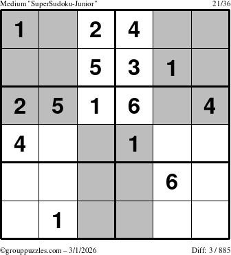 The grouppuzzles.com Medium SuperSudoku-Junior puzzle for Sunday March 1, 2026