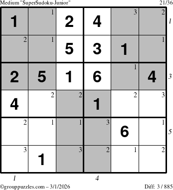 The grouppuzzles.com Medium SuperSudoku-Junior puzzle for Sunday March 1, 2026 with all 3 steps marked