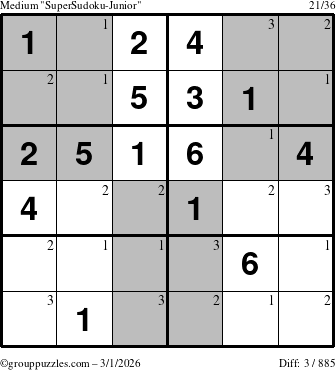 The grouppuzzles.com Medium SuperSudoku-Junior puzzle for Sunday March 1, 2026 with the first 3 steps marked
