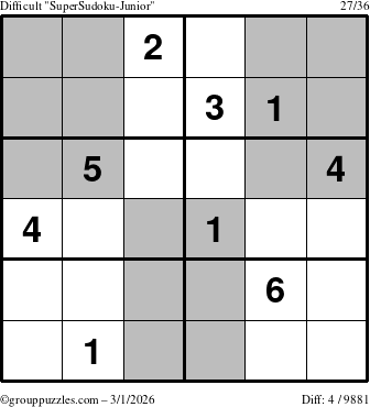 The grouppuzzles.com Difficult SuperSudoku-Junior puzzle for Sunday March 1, 2026