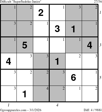 The grouppuzzles.com Difficult SuperSudoku-Junior puzzle for Sunday March 1, 2026 with all 4 steps marked