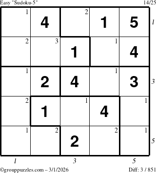 The grouppuzzles.com Easy Sudoku-5 puzzle for Sunday March 1, 2026, suitable for printing, with all 3 steps marked