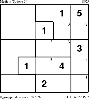 The grouppuzzles.com Medium Sudoku-5 puzzle for Sunday March 1, 2026 with the first 3 steps marked