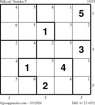 The grouppuzzles.com Difficult Sudoku-5 puzzle for Sunday March 1, 2026, suitable for printing, with all 6 steps marked