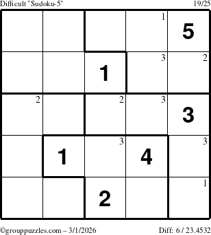 The grouppuzzles.com Difficult Sudoku-5 puzzle for Sunday March 1, 2026 with the first 3 steps marked