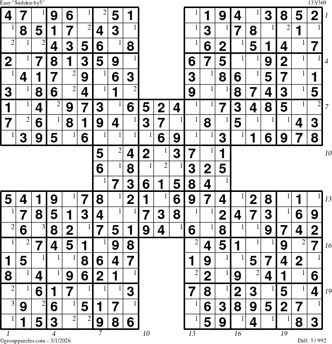 The grouppuzzles.com Easy Sudoku-by5 puzzle for Sunday March 1, 2026, suitable for printing, with all 3 steps marked
