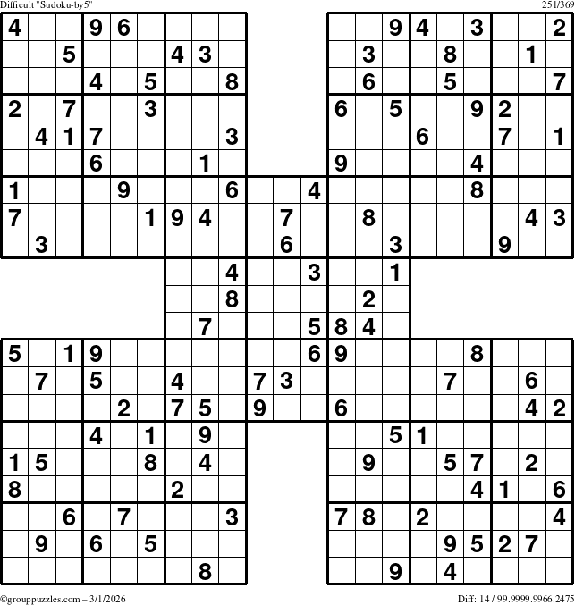 The grouppuzzles.com Difficult Sudoku-by5 puzzle for Sunday March 1, 2026