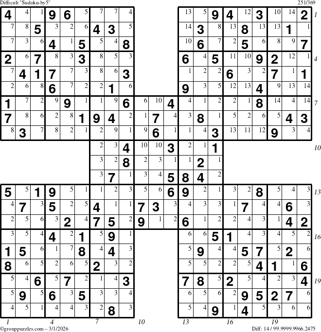 The grouppuzzles.com Difficult Sudoku-by5 puzzle for Sunday March 1, 2026, suitable for printing, with all 14 steps marked