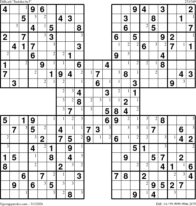 The grouppuzzles.com Difficult Sudoku-by5 puzzle for Sunday March 1, 2026 with the first 3 steps marked