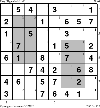 The grouppuzzles.com Easy HyperSudoku-8 puzzle for Sunday March 1, 2026, suitable for printing, with all 3 steps marked