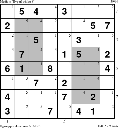 The grouppuzzles.com Medium HyperSudoku-8 puzzle for Sunday March 1, 2026, suitable for printing, with all 5 steps marked