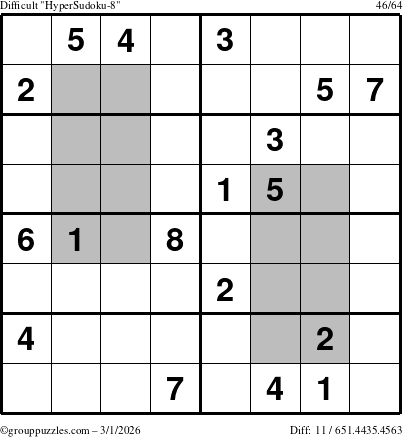 The grouppuzzles.com Difficult HyperSudoku-8 puzzle for Sunday March 1, 2026