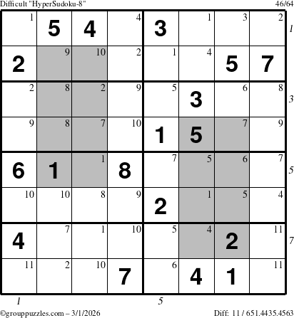 The grouppuzzles.com Difficult HyperSudoku-8 puzzle for Sunday March 1, 2026 with all 11 steps marked