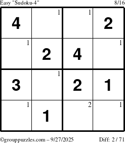 The grouppuzzles.com Easy Sudoku-4 puzzle for Saturday September 27, 2025 with the first 2 steps marked