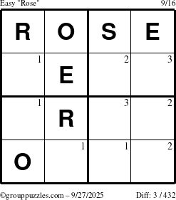 The grouppuzzles.com Easy Rose puzzle for Saturday September 27, 2025 with the first 3 steps marked
