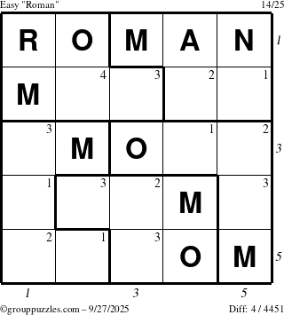 The grouppuzzles.com Easy Roman puzzle for Saturday September 27, 2025, suitable for printing, with all 4 steps marked