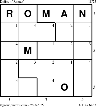The grouppuzzles.com Difficult Roman puzzle for Saturday September 27, 2025 with all 4 steps marked