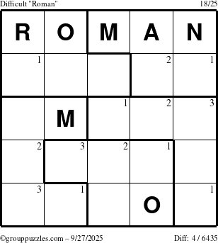 The grouppuzzles.com Difficult Roman puzzle for Saturday September 27, 2025 with the first 3 steps marked